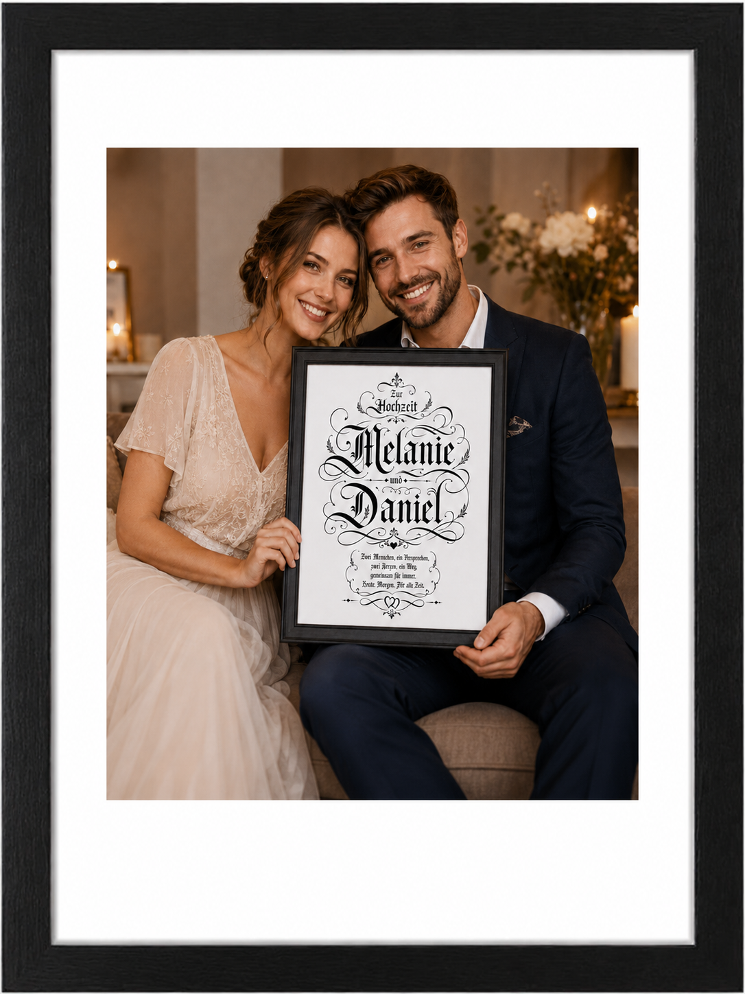 Personalisiertes Hochzeitsgeschenk mit Namen und Wunschspruch